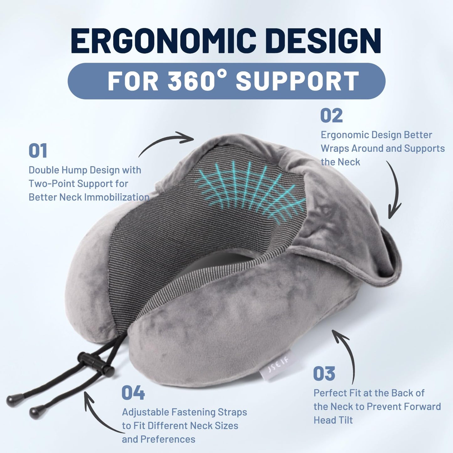 JSELF Travel Pillow with Hood, Neck Pillow for Airplane, Hooded Neck Pillow for Travel, Long Flight, Car, Plane, Office, Sleeping, 100% Pure Memory Foam Head Chin Support Airplane Pillow - Gray