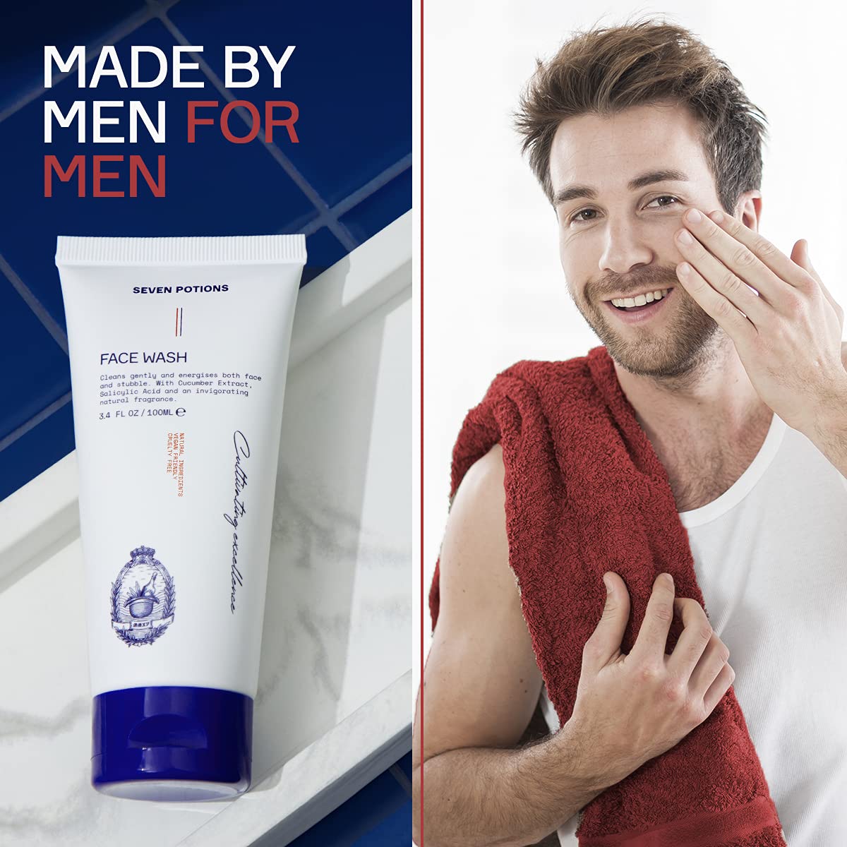 SEVEN POTIONS Face Wash for Men 3.4 FL OZ – Gentle Facial Cleanser For All Skin Types – Maintain Skin’s Moisture, Hydration, Healthy Appearance – Natural, Vegan, Cruelty Free