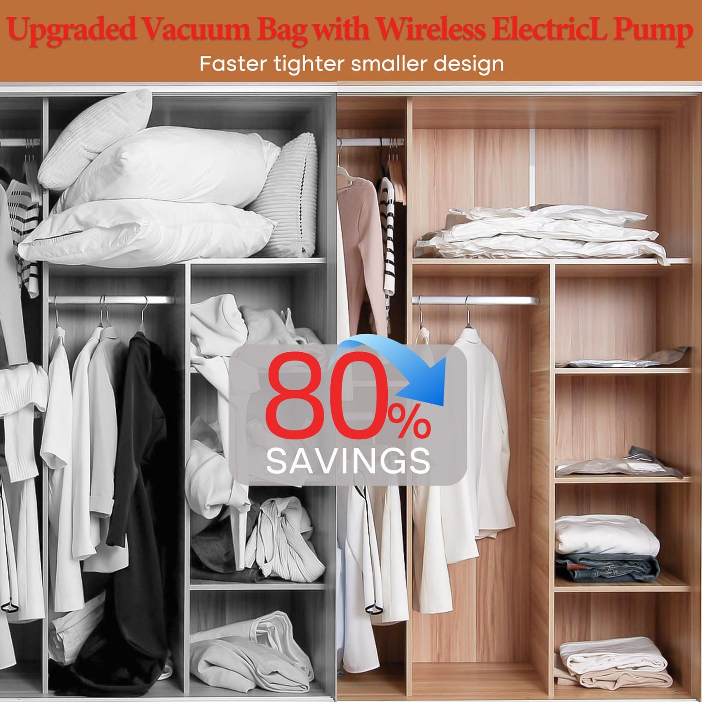 Vacbird Vacuum Storage Bags for Clothing Travel, 10 Pack Vacuum Bags with Wireless Charging Air Pump(2 Large+4 Medium+4 Small), Compression Packing for Clothes Blanket Suitcase Luggage