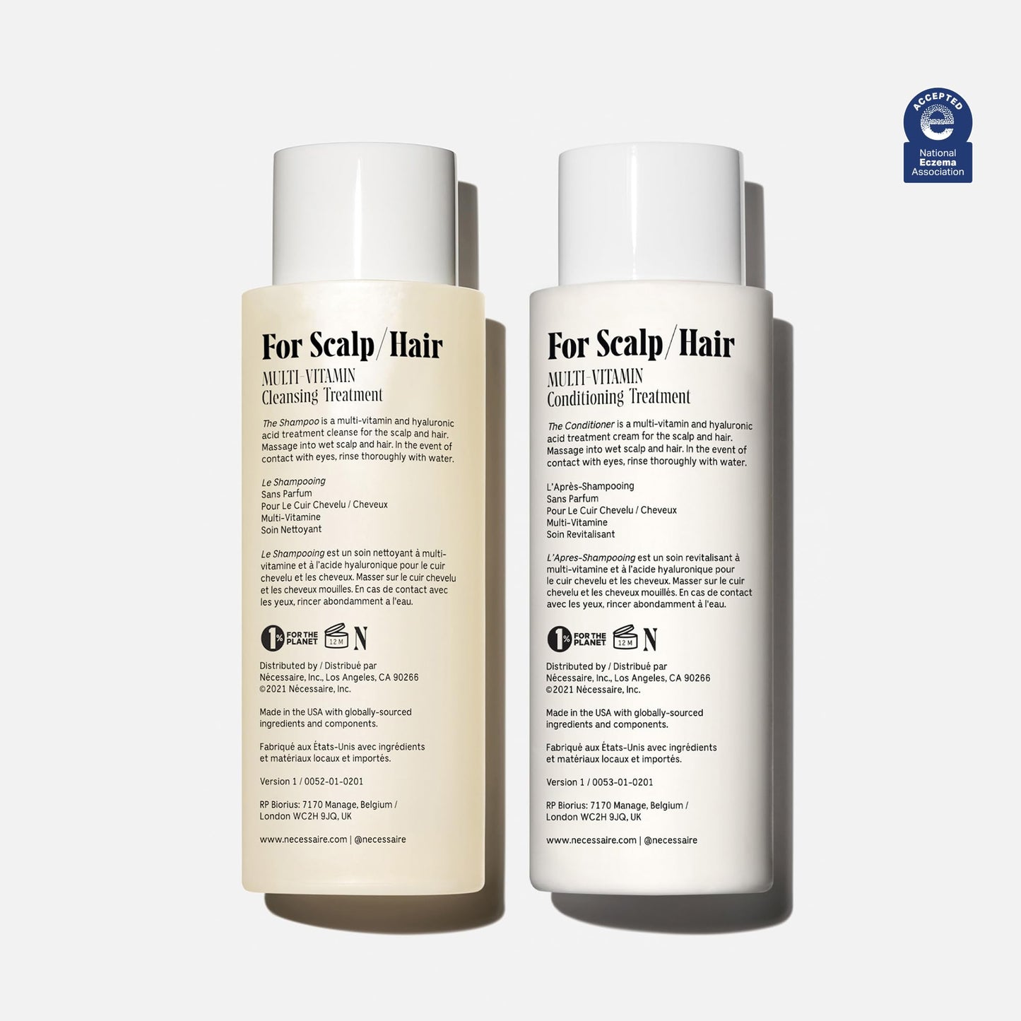 Nécessaire The Hair Duo - Shampoo and Conditioner Set 2 x Full-Size. The Shampoo + The Conditioner. Hyaluronic Acid + Vitamin B Complex. Fragrance-Free. Approved by the National Eczema Association.
