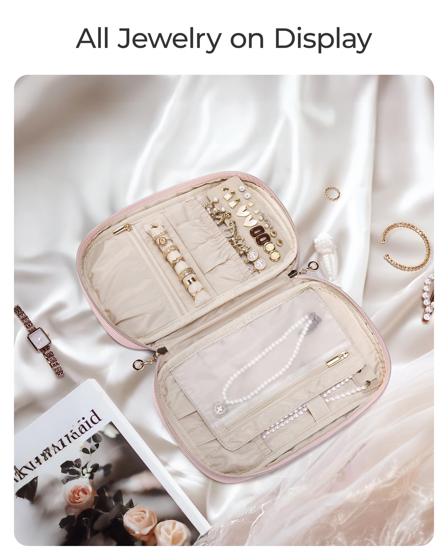 BAGSMART Travel Jewelry Case Jewelry Organizers and Storage Earings Holder Organizer for Women Necklace Holder Jewelry Rolls for Necklaces, Earrings, Bracelets-Black