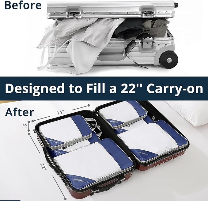 9 Set Compression Packing Cubes for Travel - Compressible, Lightweight, and Space-Saving Packing Cubes, Travel Essentials for Women, Navy