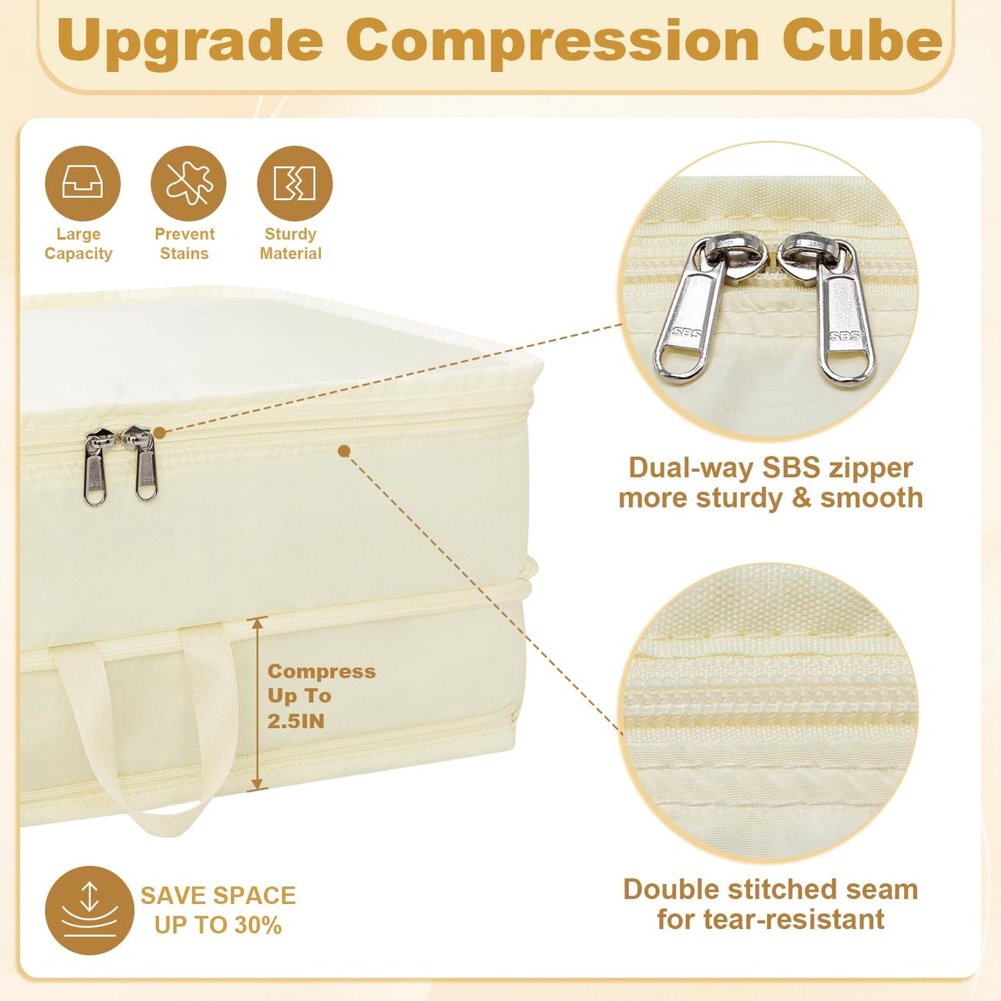 Extra Large Compression Packing Cubes for Travel Essentials, 2 Pack Expandable Travel Cubes for Packing Bags Suitcase Organizer, Beige