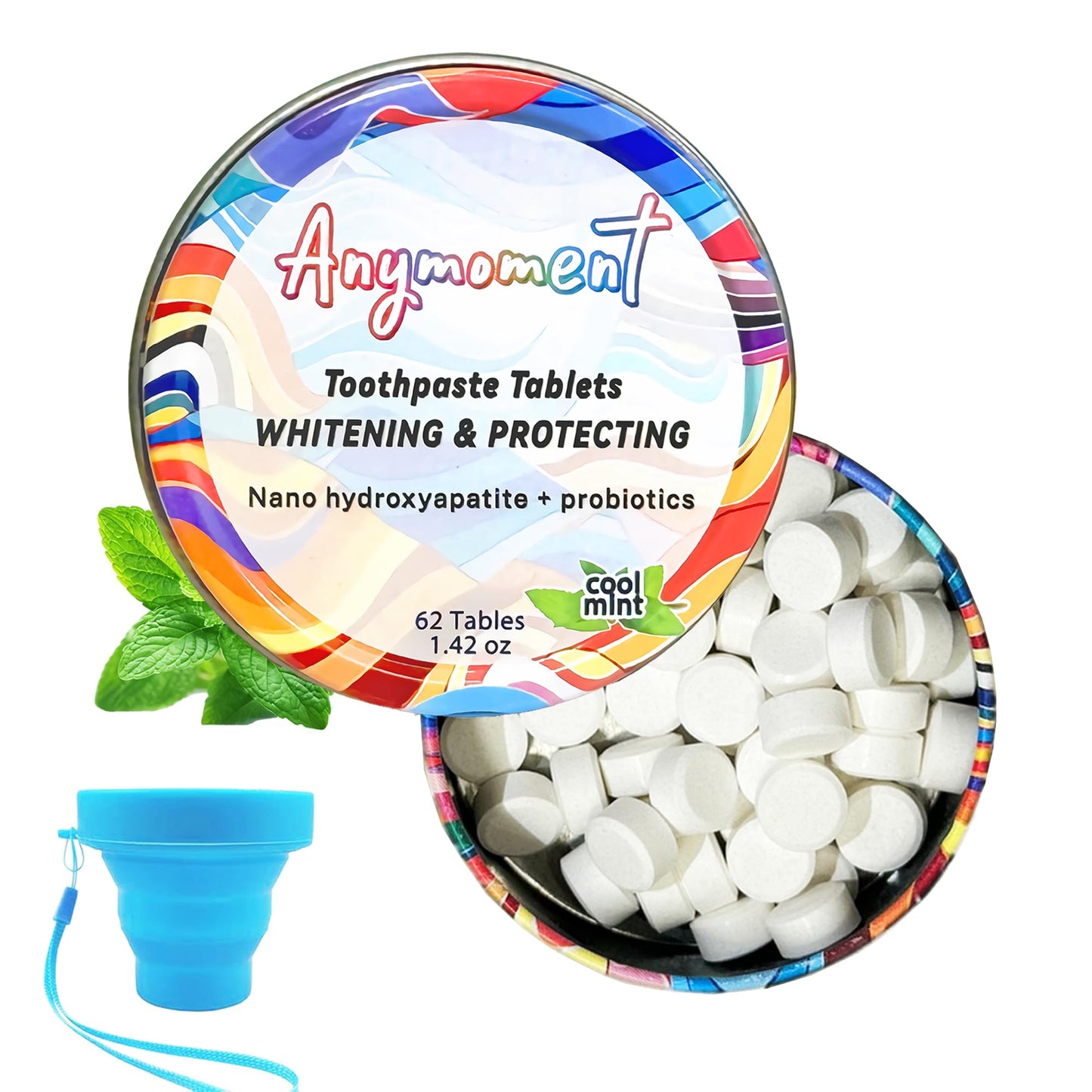 Anymoment Toothpaste Tablets with 7.5% Nano Hydroxyapatite,Flouride Free,SLS Free Remineralize with NHA (1 Month),Gift a Collapsible Cup,Eco & Plastic Free Travel Size Toothpaste