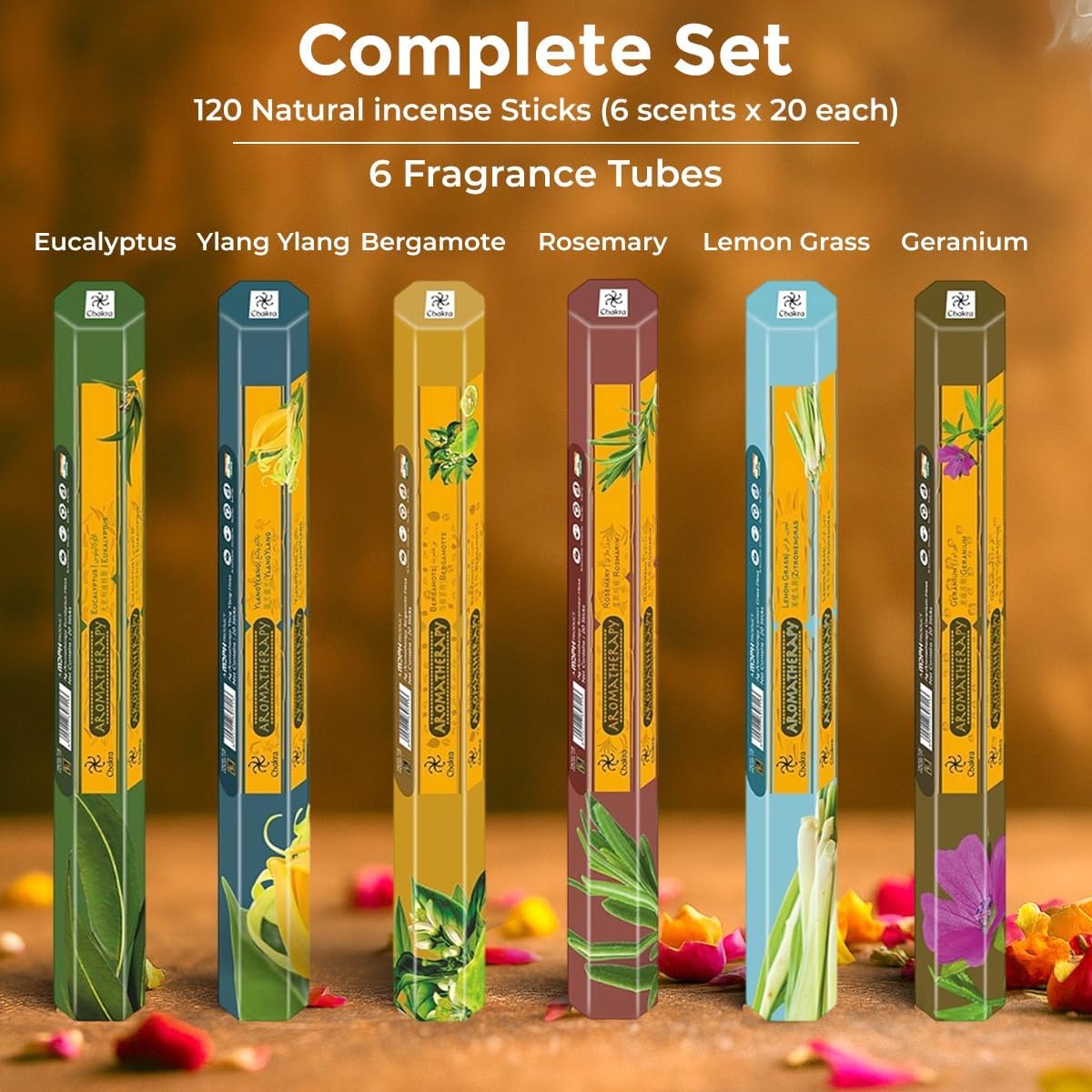 Chakra Aromatherapy Incense Gift Pack – 120 Natural Sticks (6 Boxes) – Relaxing, Stress Relief, Meditation, Refreshing, Sensuality & Energising Scents – Eucalyptus, Geranium & More