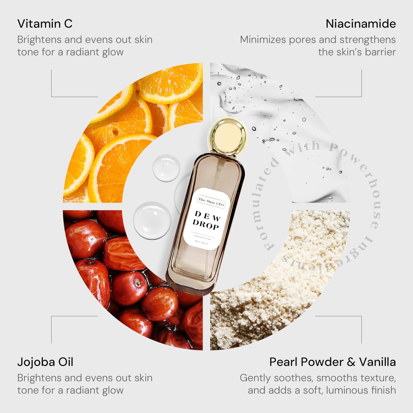 The Skin CEO Dew Drop Hydrating Face Mist, 120ml/4oz, with Jojoba Oil and Pearl Powder.