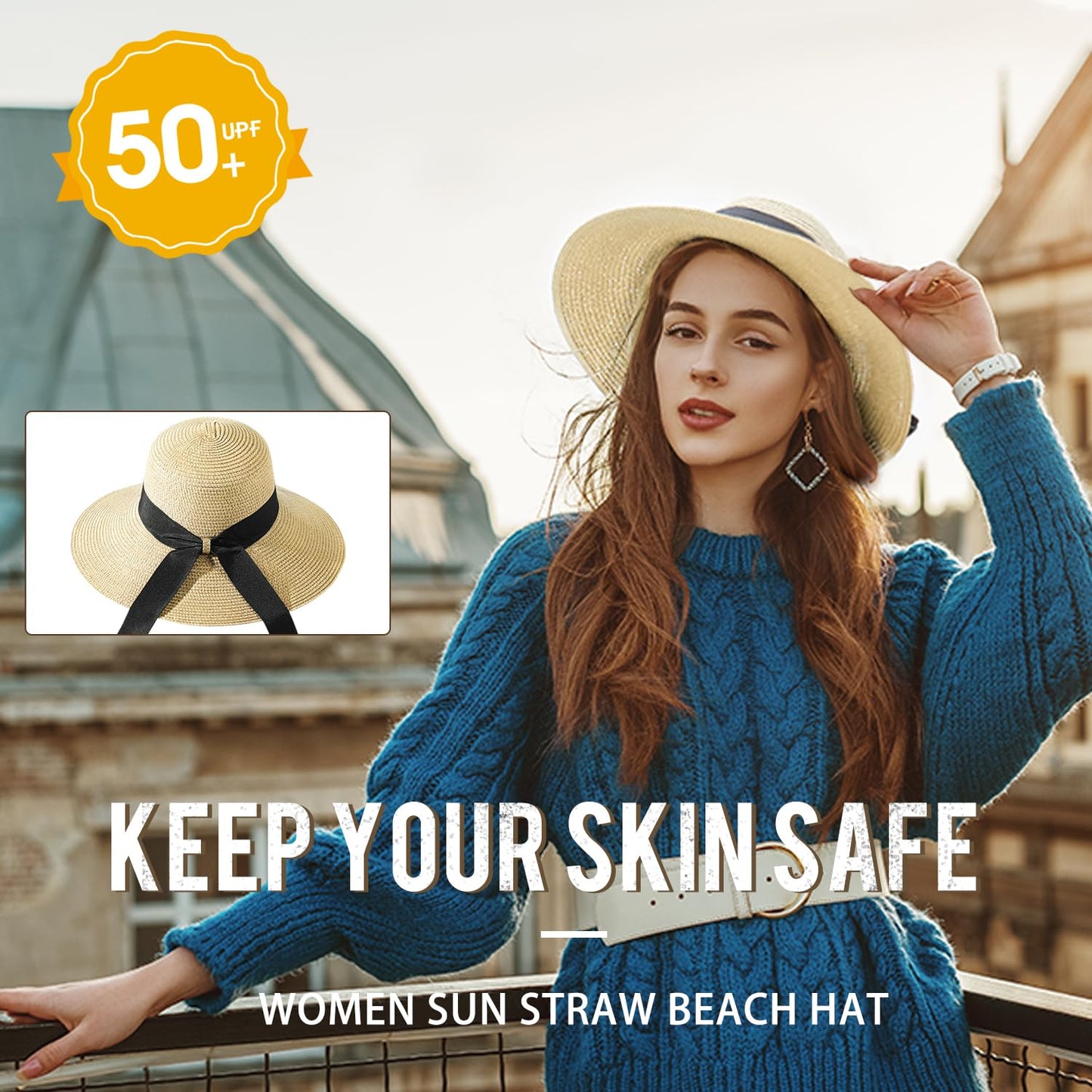Womens Beach Sun Straw Hat - UV Protection UPF 50+ Sun Hats for Women with Wide Brim, Foldable Floppy Straw Beach Hat for Women