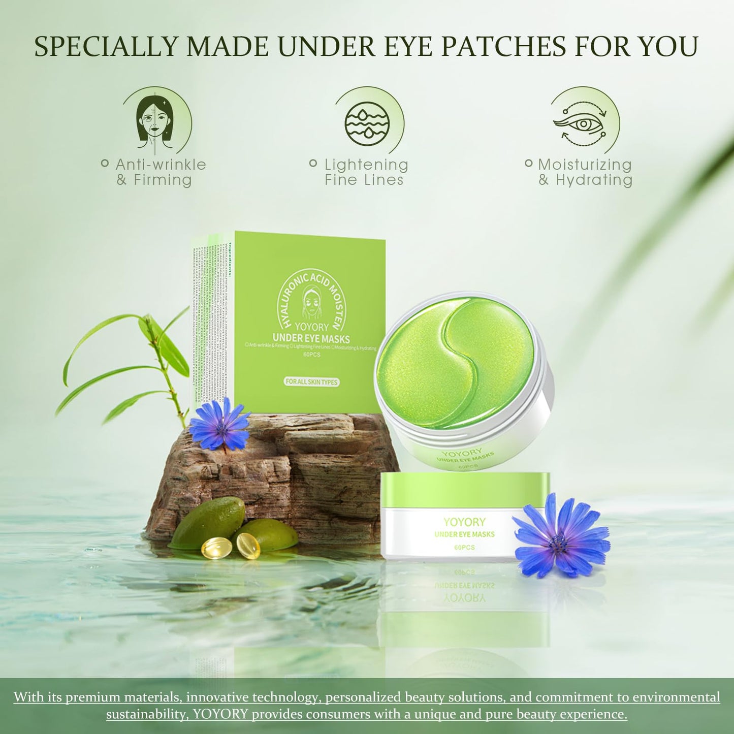 YOYORY Under Eye Patches Masks - for Eye Bags with Collagen and Hyaluronic Acid, Dark Circles,and Fine Lines, Fade Wrinkles Treatment for Women and Men - 60 Pcs Green