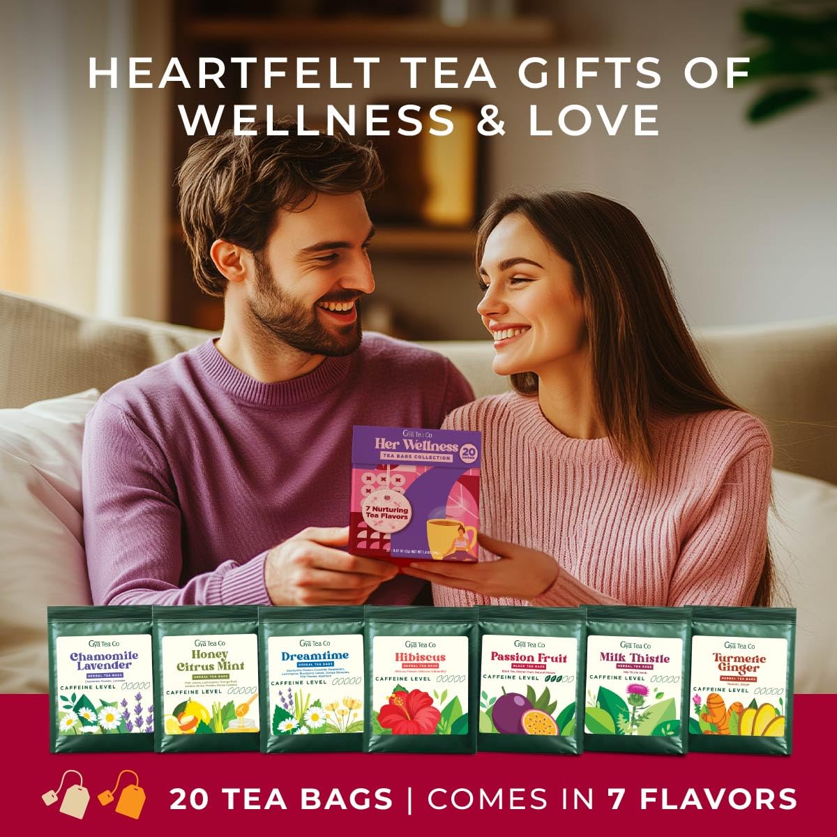 Gya Tea Co Her Wellness Tea Bags Collection (20 Bags) - 7 Flavors Assorted Tea Variety Pack Gift Set with Citrus Mint, Hibiscus, Chamomile & Ginger - Fruit & Herbal Blends