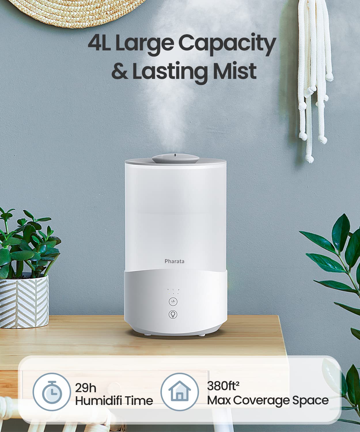 Pharata Humidifiers for Bedroom, 4.0L Humidifier with Essential Oil Diffuser, Top Fill Ultrasonic Cool Mist Humidifier for Large Room, Sleep Mode, Adjustable mist output, Auto Shut-Off