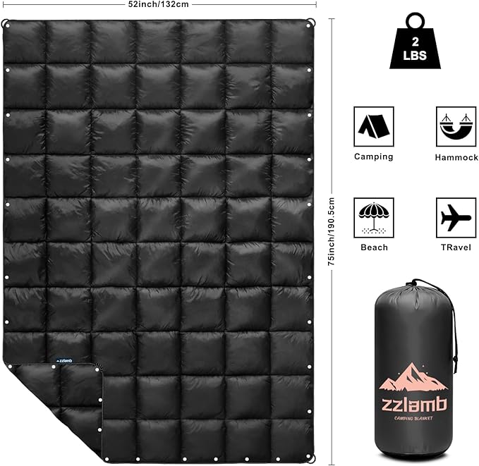 zzlamb Camping Blanket, Outdoor Lightweight Travel Blanket Puffy Portable Down Alternative, Windproof Warm Cloak with Snaps, Cozy Quilt Backpacking Picnic RV Plane Car Hammock Beach Climbing
