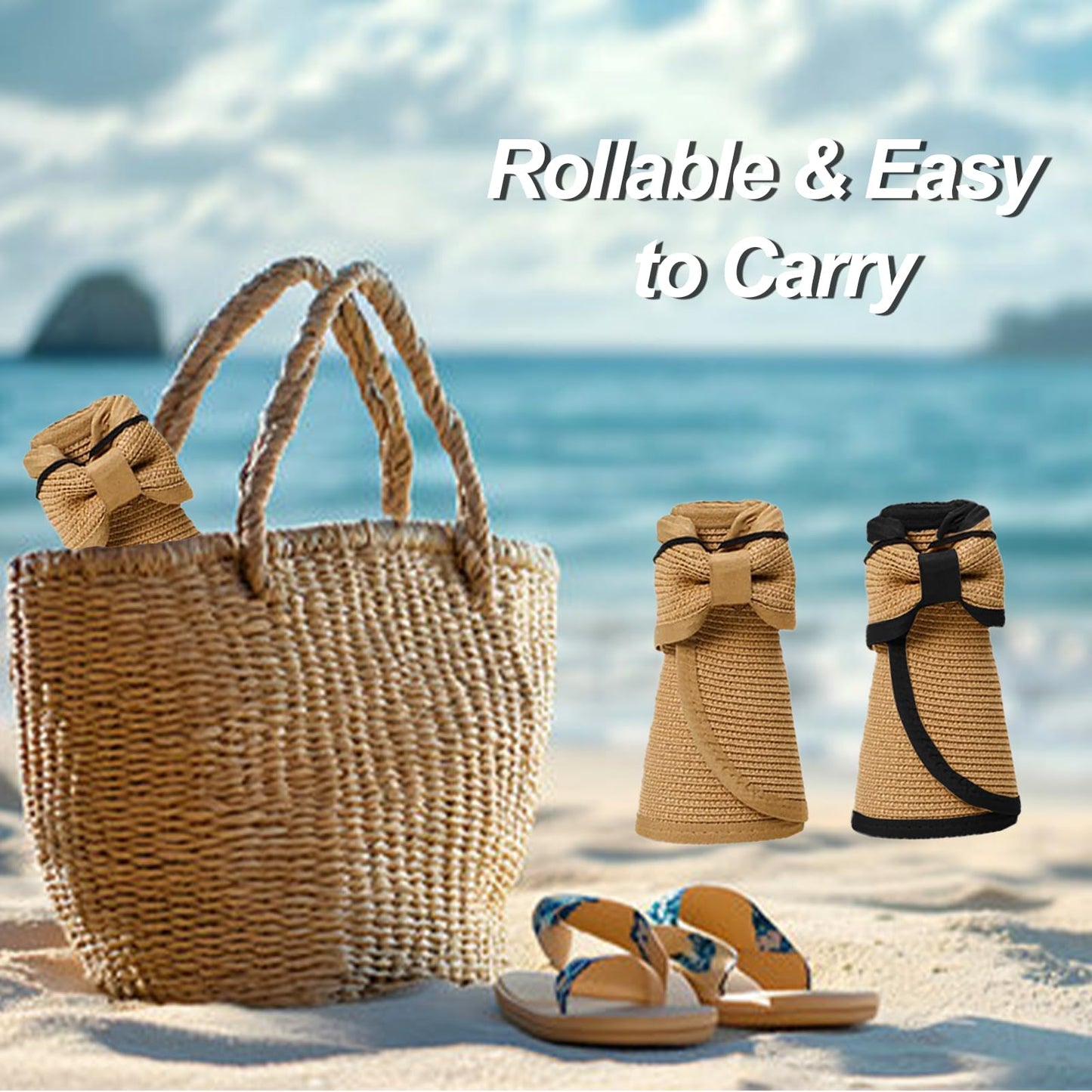 Sun Hats Visor for Women, UV UPF Straw Beach Hat Foldable Wide Brim Ponytail Summer Hats Packable Travel Khaki