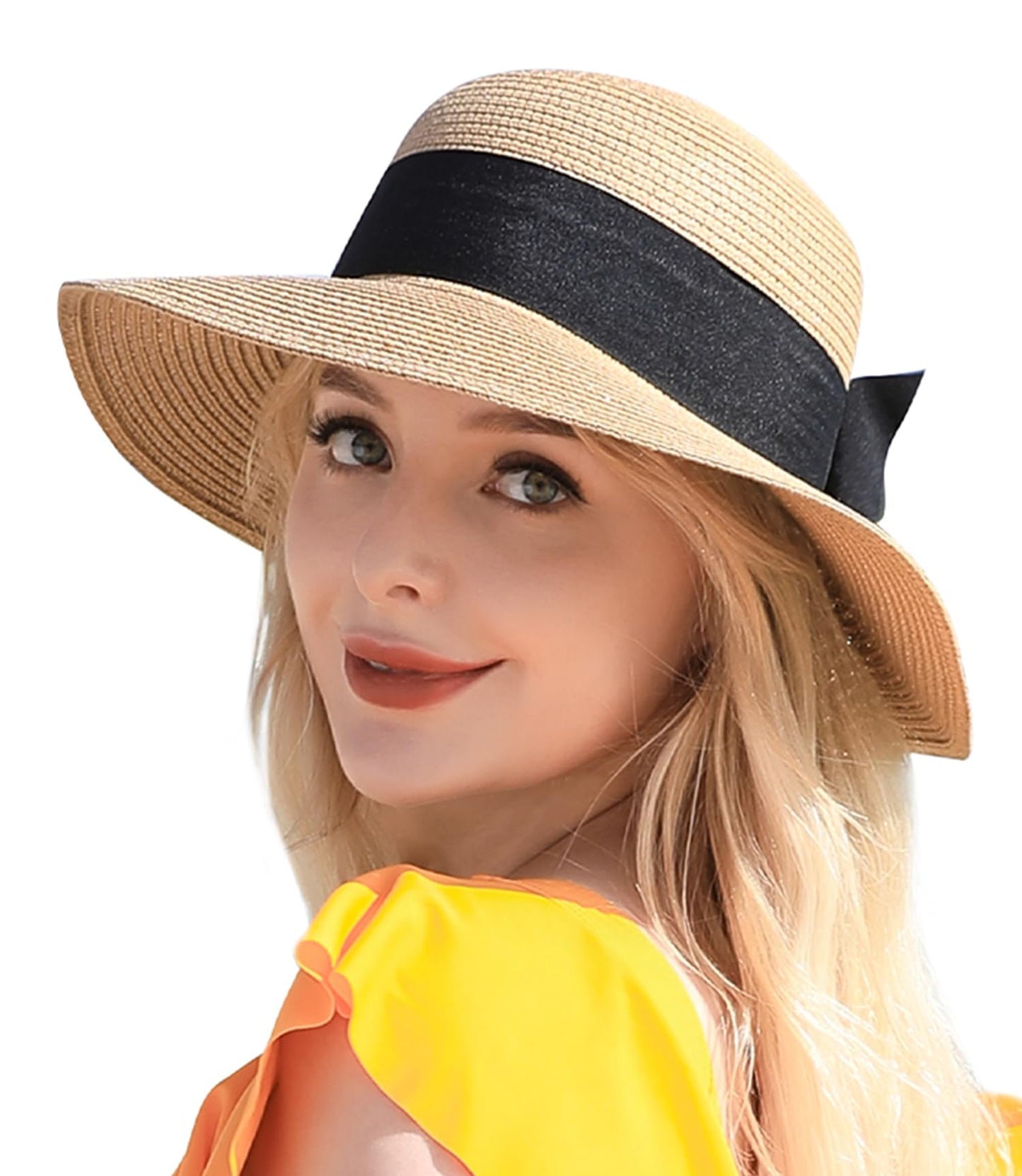 Beach Sun Hats for Women, Straw Hat for Women UPF 50+ UV Sun Protection Summer Hat Foldable Roll up Cap A-Khaki