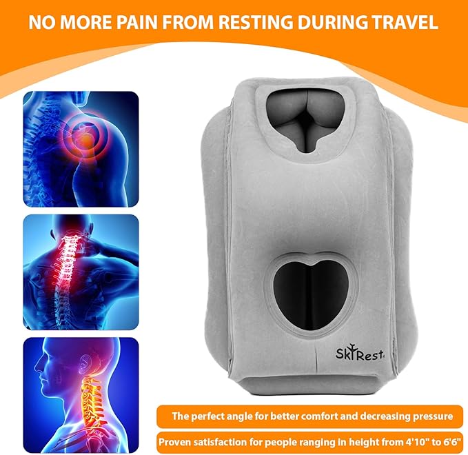 Inflatable Travel Pillow - Airplane Pillow for Neck Support on Long Flights, Buses, Cars, Office & Trains - Comes with Eye Mask, Earplugs & Portable Drawstring Bag - Grey