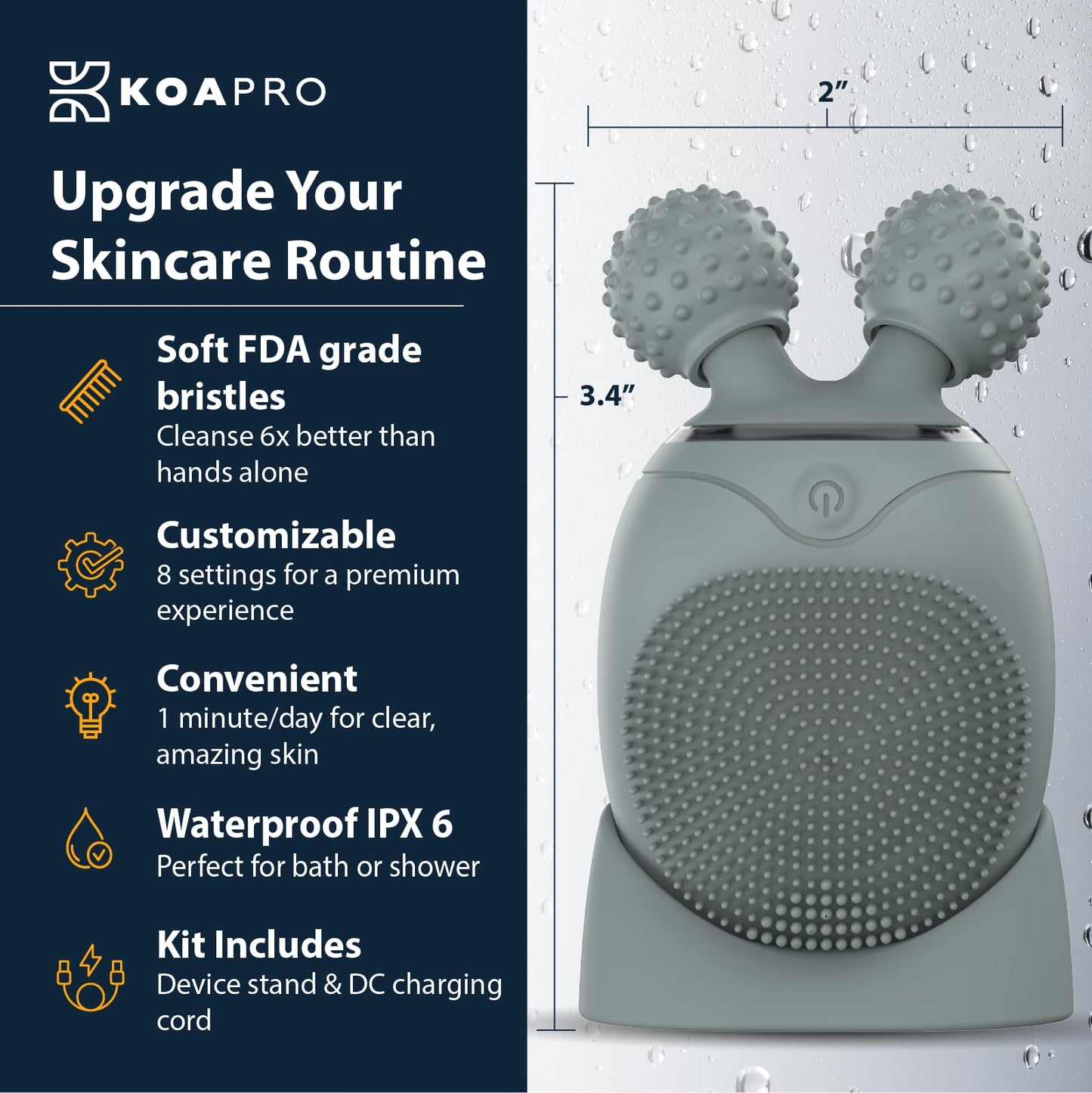 KOAPro Facial Cleansing Brush Exfoliating Face Scrubber for Women and Men, Waterproof Face Brush Cleanser, 3-in-1 Rechargeable Electric Facial Massager Tool, Reusable Sonic Silicone Scrubber