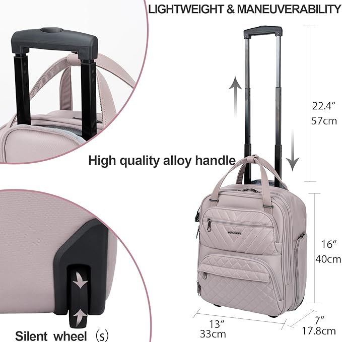 KROSER Carry On Underseat Multi-functional, 16-inch Underseater Lightweight Overnight Suitcase for Women, Dusty Pink