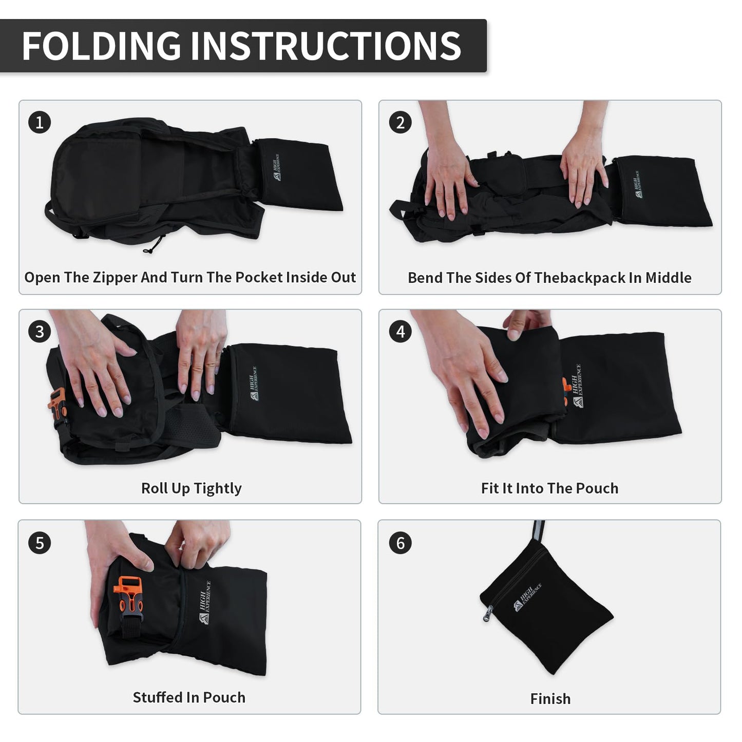 HIGH EXPERIENCE Hiking Backpack 10L/15L Small Daypack Lightweight Packable Travel Foldable Water Resistan for Women Men (Black, 10L)