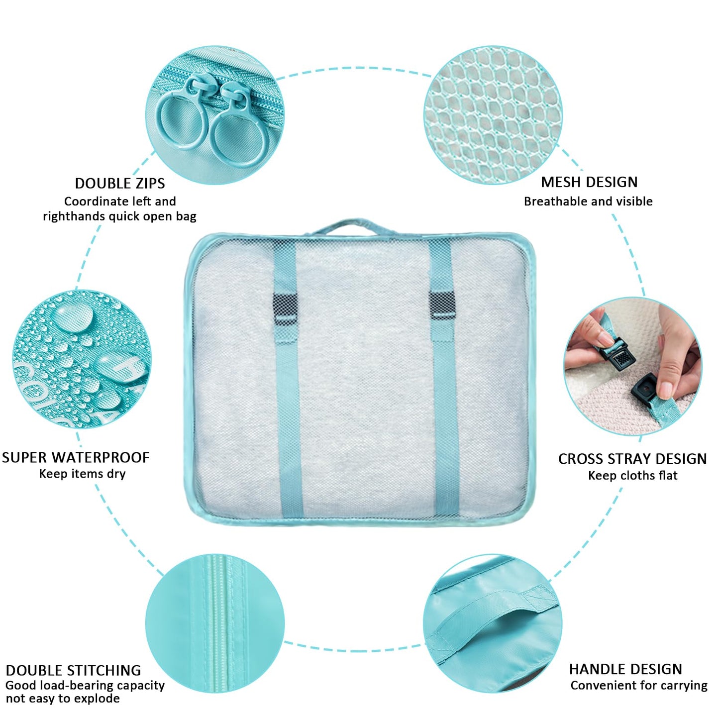 Packing Cubes - 10 Pieces Luggage Sets Waterproof Suitcase Organizer Mesh Packing Bags Clothes Shoes Cosmetics Toiletries Space Saver Storage Bags with Portable Bottles for Travel (Blue)