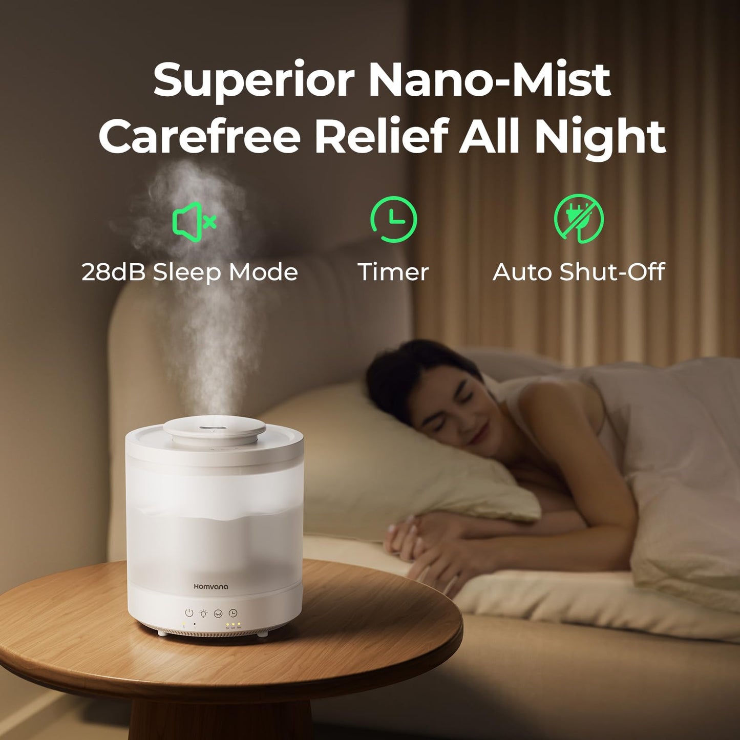 Homvana Small Humidifiers for Bedroom - 2 Packs 1.8L Cool Mist Top Fill Humidifier for Baby Nursery, Essential Oil Diffuser, 3 in 1 for Home Plants Offices and Grow Tents, 7 Color Lights, Ultrasonic