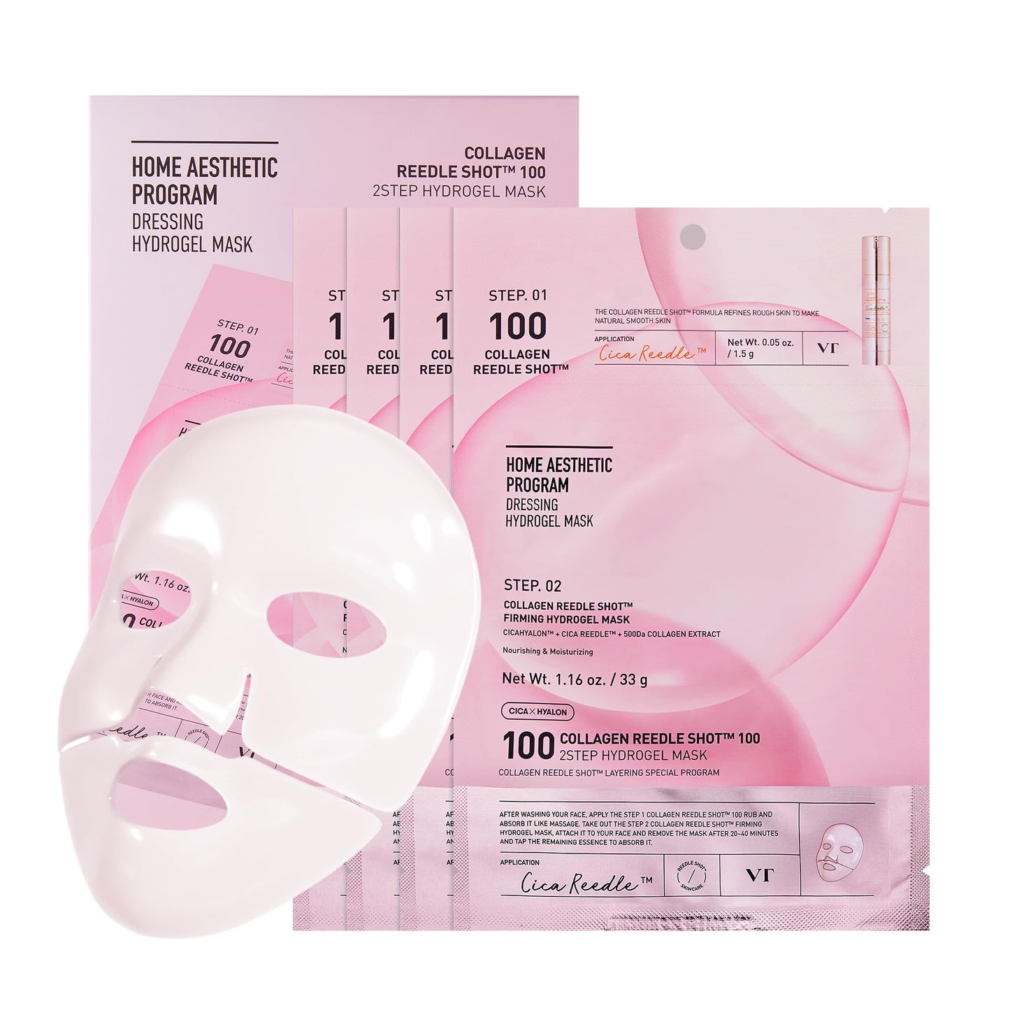 VT COSMETICS Collagen Reedle Shot 100 2-Step Hydrogel Mask(34.5gx4ea), Intensive Firming, Exosome 500Da Collagen, Fine Lines, Overnight Melting Mask, Korean Facial Mask, Pink Collagen