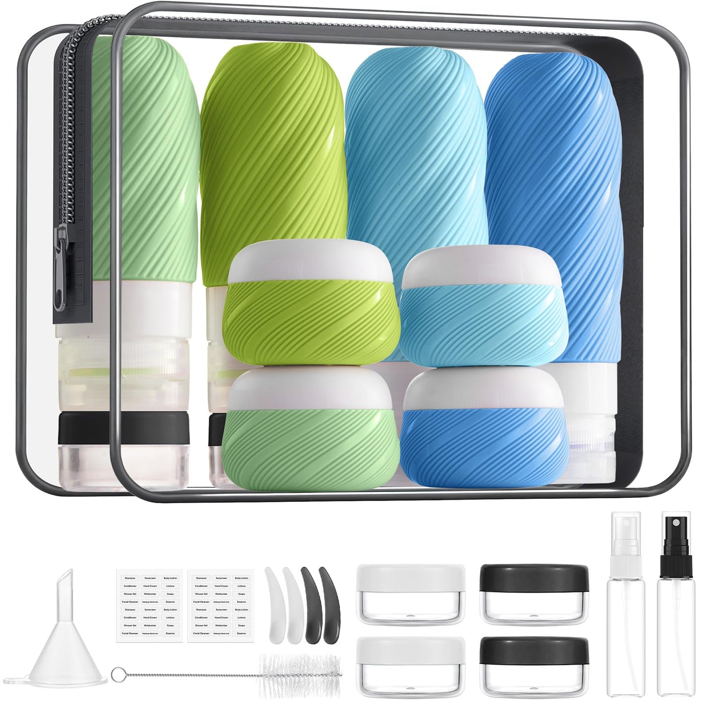 23 Pack TSA Approved Travel Bottles for Toiletries, Leak Proof Refillable Travel Size Containers Kit with Silicone Squeezable Bottles Jars for Shampoo Lotion Conditioner, in Clear Bag, Blue