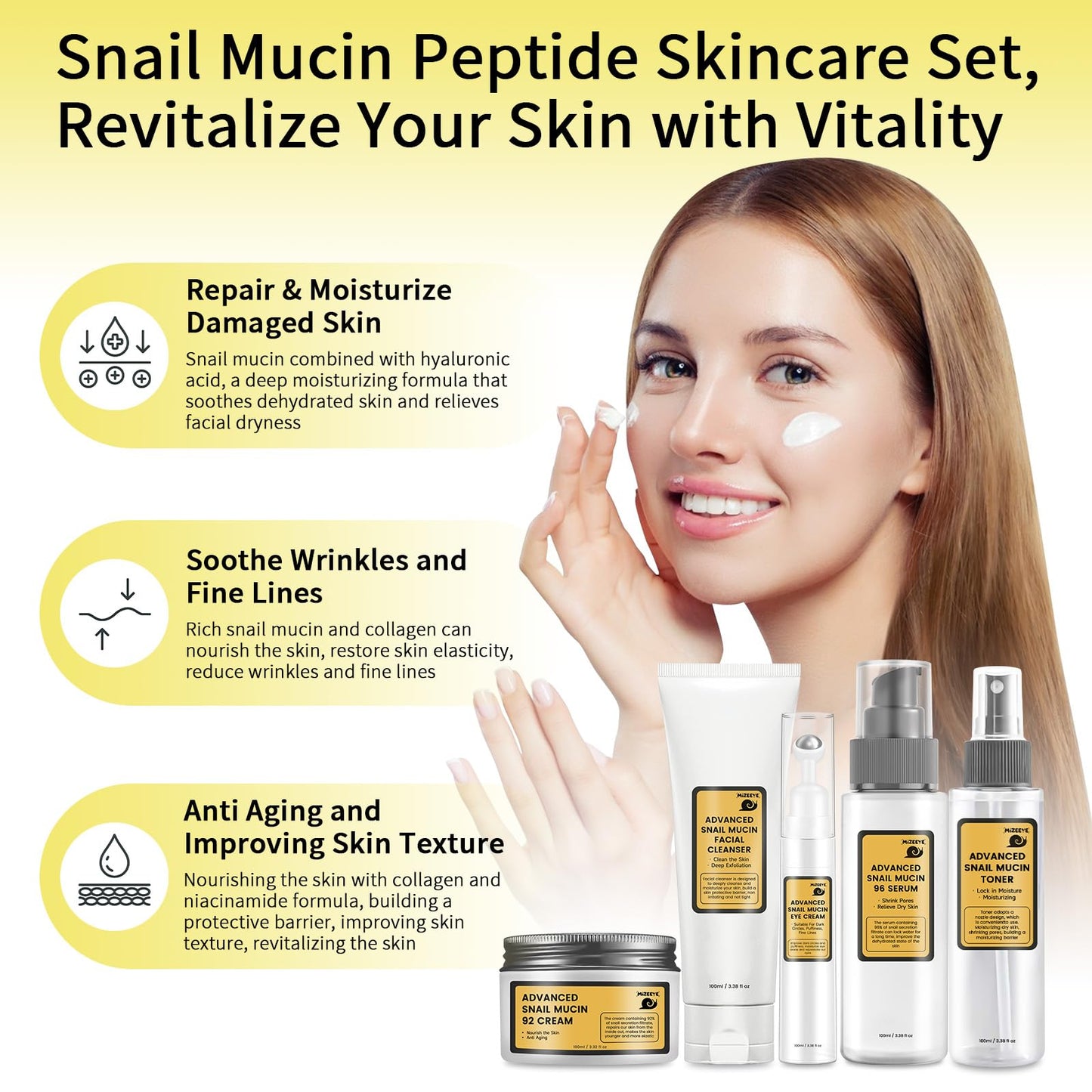 Advanced Snail Mucin Skincare Set For Teen Girl, Anti Wrinkle & Repair Face Skin Care Gift Set With Face Wash, Toner, Serum, Face Cream, Eye Cream, 5PCS Peptides Snail Mucin Kit Travel Size For Women.