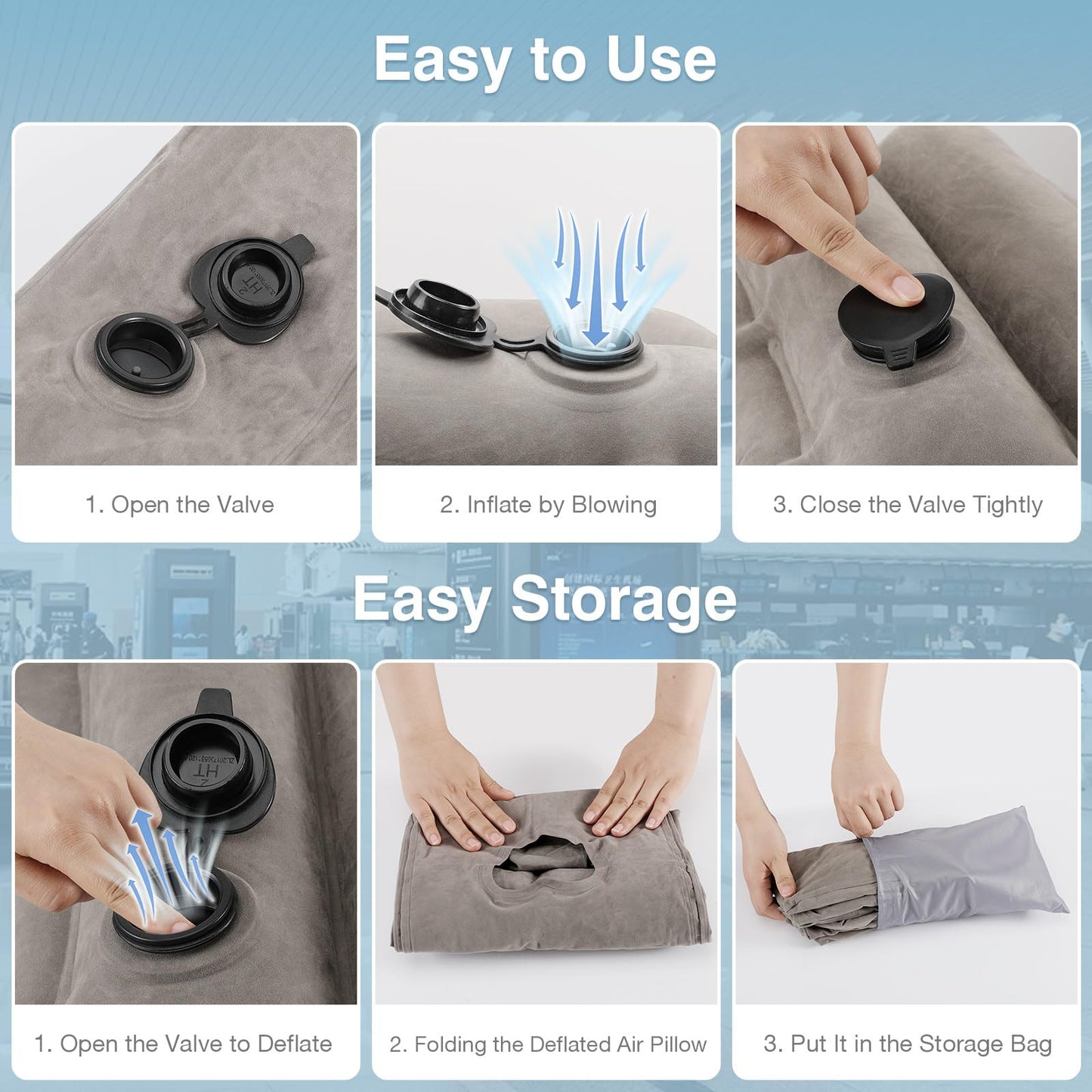 MoKo Inflatable Travel Pillow, Comfortable Neck Pillow with Storage Bag Support Shoulder and Neck to Avoid Pain for Airplane Train Office Car Travel Home, Gray