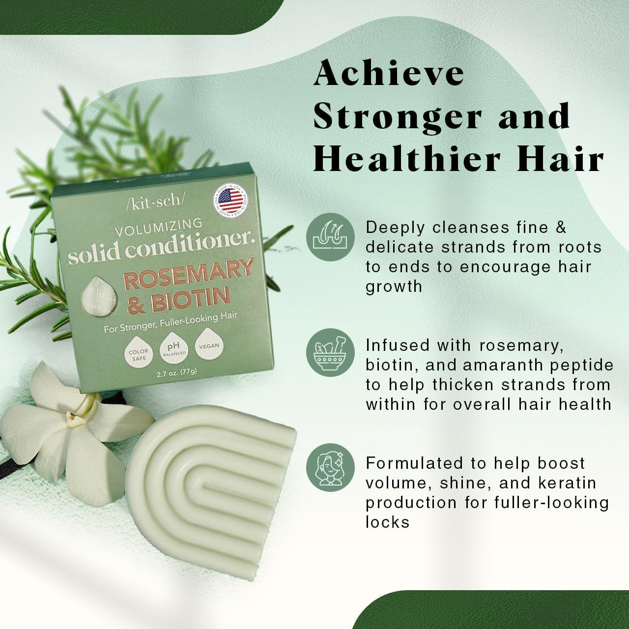 Kitsch Rosemary & Biotin Volumizing Hair Conditioner Bar for Hair Growth & Thickening – Hydrating & Cleansing Hair Conditioner for Women & Men - Paraben, Silicone & Sulfate Free - Made in USA - 2.7 oz