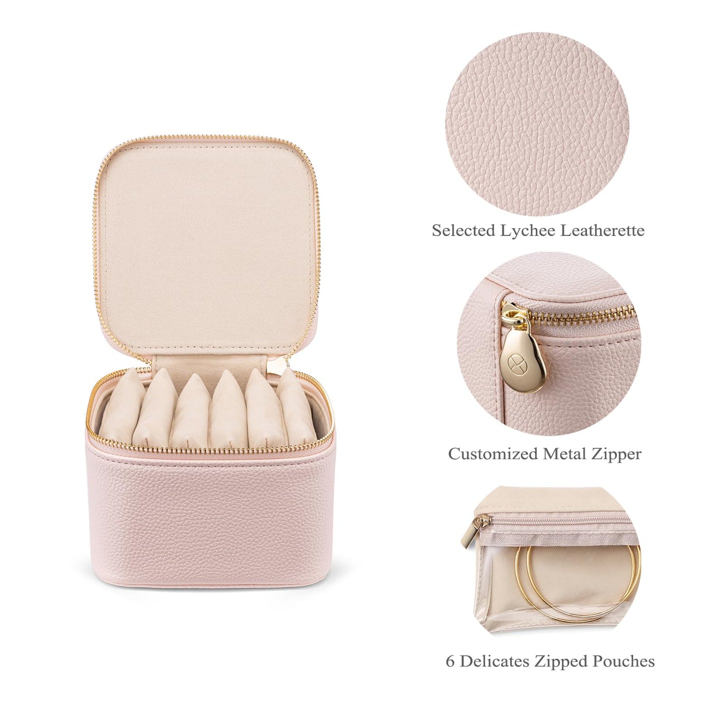 Vlando Travel Jewelry Box Organizer - 6 Small Velvet Zipped Pouches Pockets for Jewelries Necklaces Rings Earrings Sorting Storage, Rosy Mauve