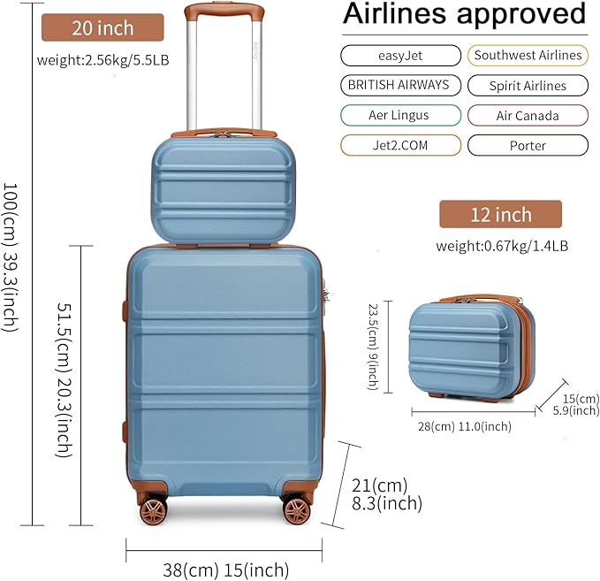 Kono Carry On Luggage Set Lightweight Airline Approved Carry On Suitcase with TSA Lock Spinner Wheels Durable Luggage Hardside Apricot Blue