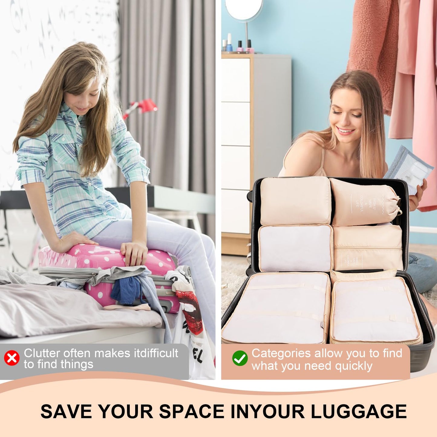 FACONSI Packing Cubes for Travel - 10 Set Suitcases Organizer Bags, Suitable for Luggage Carry on Case, Travel Essentials (cream color)