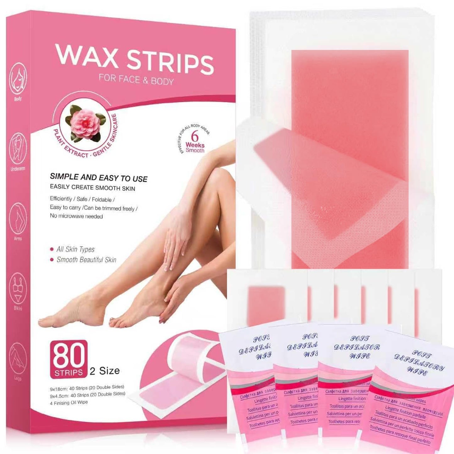 Wax Strips for Hair Removal, Wax Strips, Waxing Kit For Women Face, Body, Arms, Legs, Chest, Back, Bikini Wax Strips, Waxing Hair,Removeal Kit with 80PCS + 4 Calming Oil Wipes
