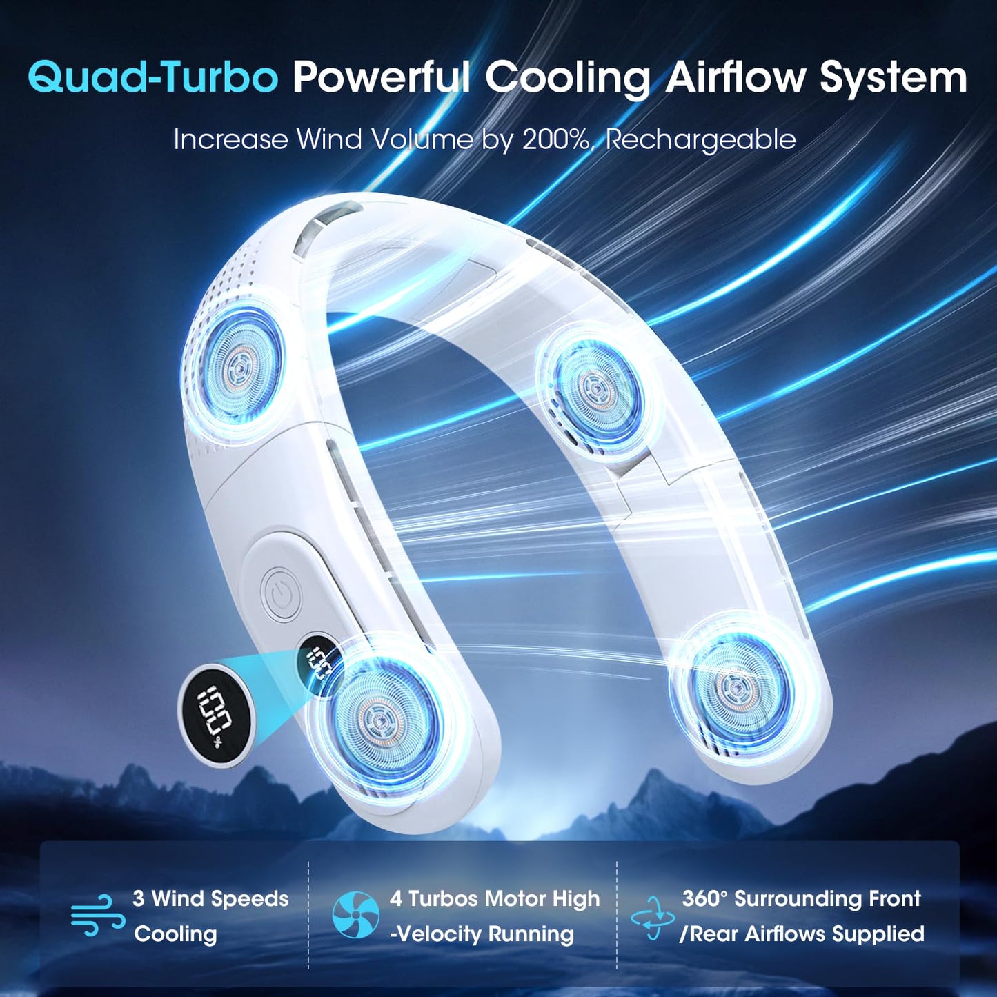 OLV Rechargeable 4 Turbo 6000mAh Portable Neck Fan - 360 Cooling Airflow, 3 Speeds, LED Battery Display, Foldable, Bladeless - Personal Fan for Work, Travel, Outdoor Activities - White