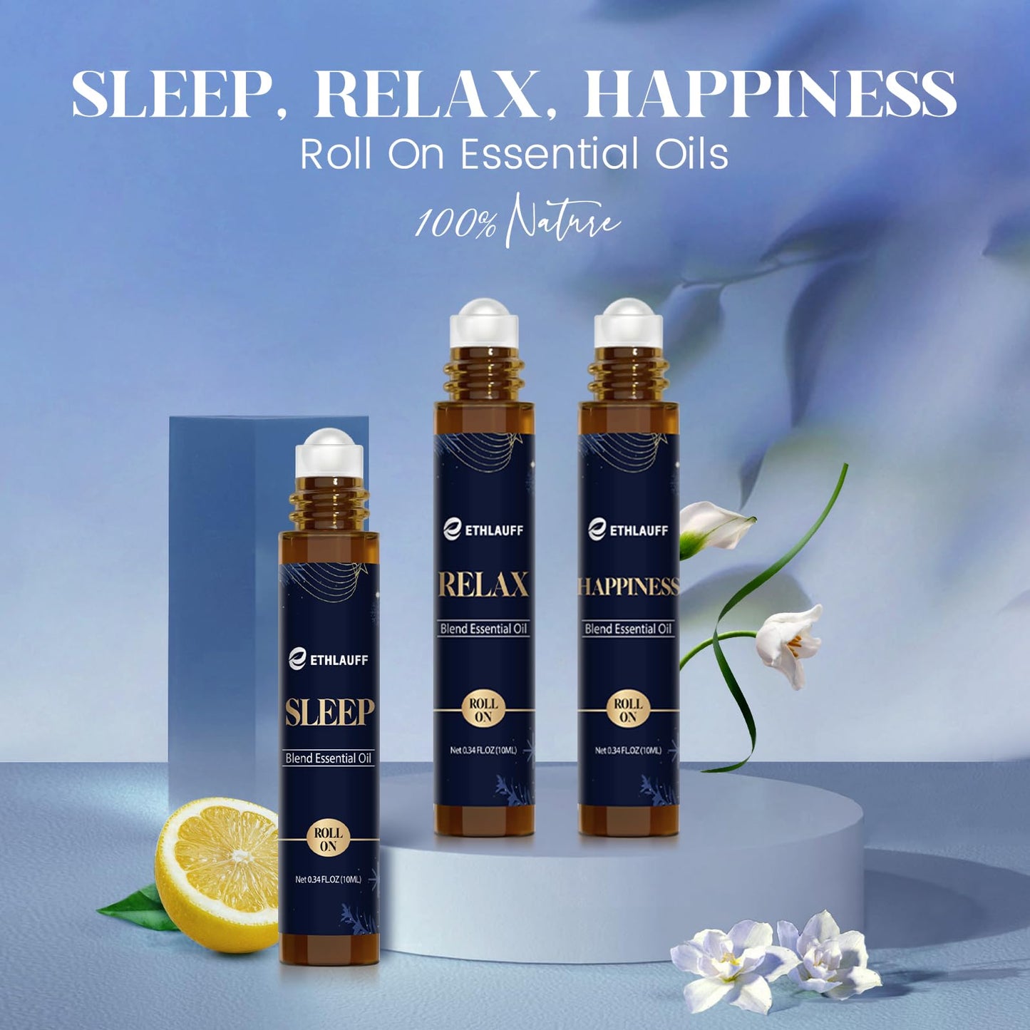 Ethlauff Essential Oil Roller Set, (Sleep, Relax, Happiness) Aromatherapy Roll On for Body Skin Care, Home - Natural Aromatherapy Gift, Relaxtion Gift, Stress Relief Gift for Women and Men