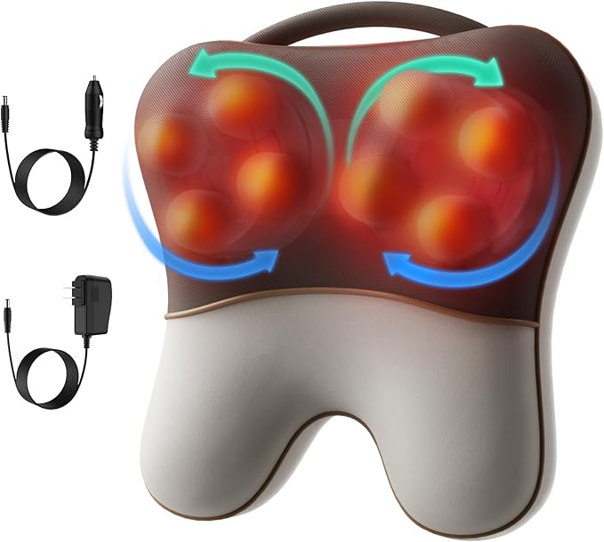 Shiatsu Neck and Back Massager with Heat, Deep Tissue Pain Relief for Neck, Shoulder and Back, Massage Pillow with Cover, Adjustable Straps & Portable Handle(No Battery)