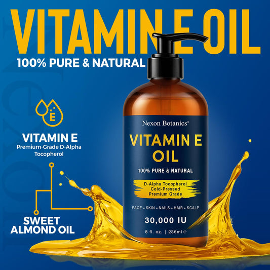 Pure Vitamin E Oil 30,000 IU, 8 fl oz - Cold-Pressed, Hexane Free, Natural Moisturizer for Skin & Face - Supports Scar & Stretch Mark Care by Nexon Botanics