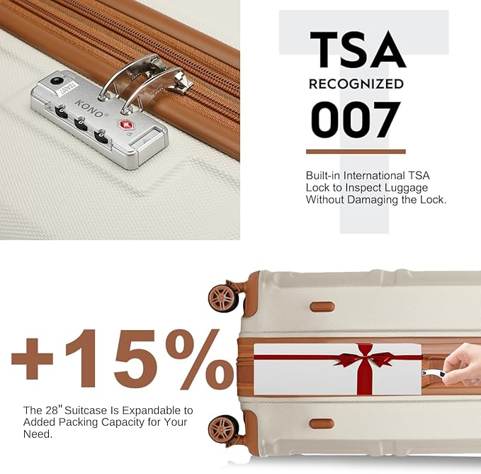 Kono 3 Piece Luggage Sets Expandable(only 28") Lightweight with Spinner Wheels TSA Lock Hardside Travel Rolling Suitcases 20in 24in 28in Carry on Cream White