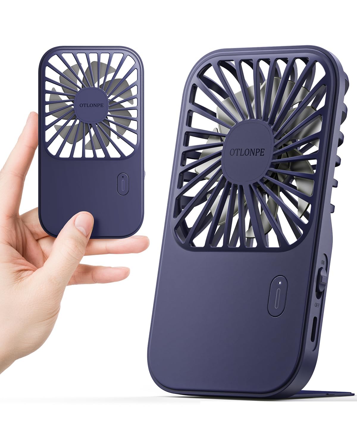 Otlonpe Rechargeable Mini Portable Handheld Fan, Small Personal Battery Powered Handheld Portable Fans for Hand Held Desktop Travel, Foldable Stand, Slim Cordless, Wrist Strap, 3-Speed (Blue)
