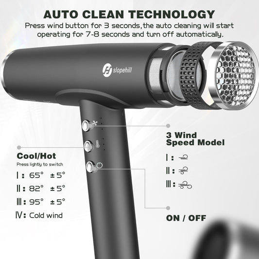 slopehill Professional Ionic Hair Dryer with Diffuser - Lightweight, Compact, Powerful & Fast Salon Blow Dryer with High Speed Brushless Motor for Travel, Women & Men (Ceramic, Black)