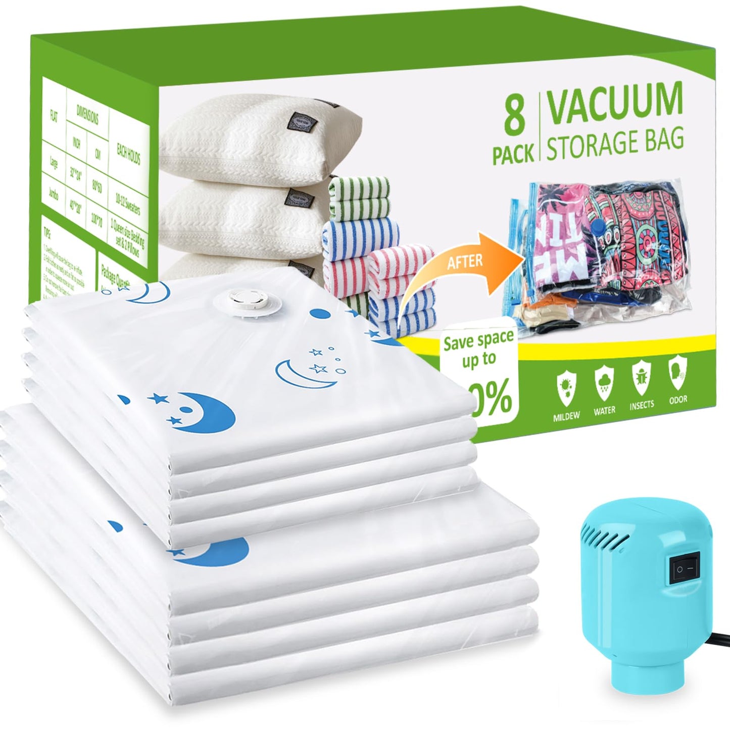 Vacuum Storage Bags with Electric Pump, 8-Pack Large Vacuum Seal Bags for Clothing Vacuum Bags for Travel Packing and Home Bedding Blankets Organization