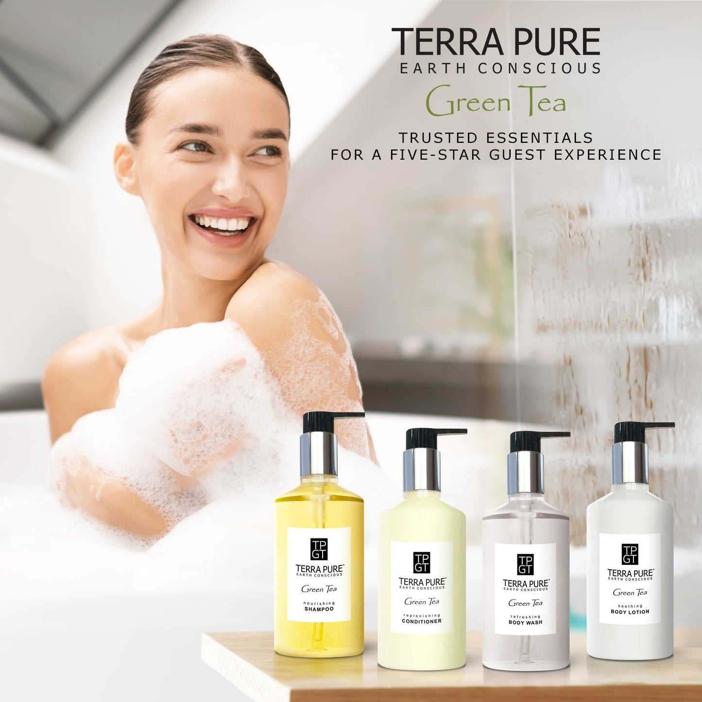 1-Shoppe Terra Pure Ecobox Amenities Kit | Green Tea Soap | Shampoo, Conditioner, Body Lotion, Body Wash | 10.14 oz | Hotel Toiletries Bulk