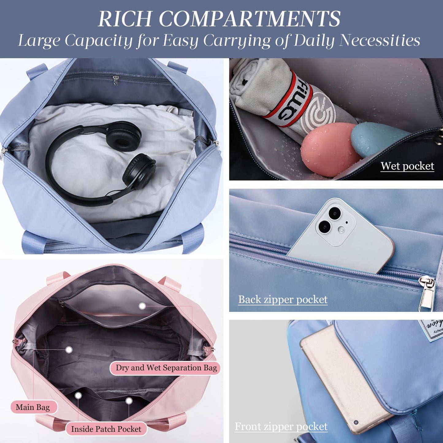 Large Foldable Travel Bag,Foldie Travel Duffel Bags Expandable Women Carry On Overnight Tote Handbag Weekender Sports Duffle,Folding Portable Tote Bags with Trolley Sleeve,Dry and Wet Separation