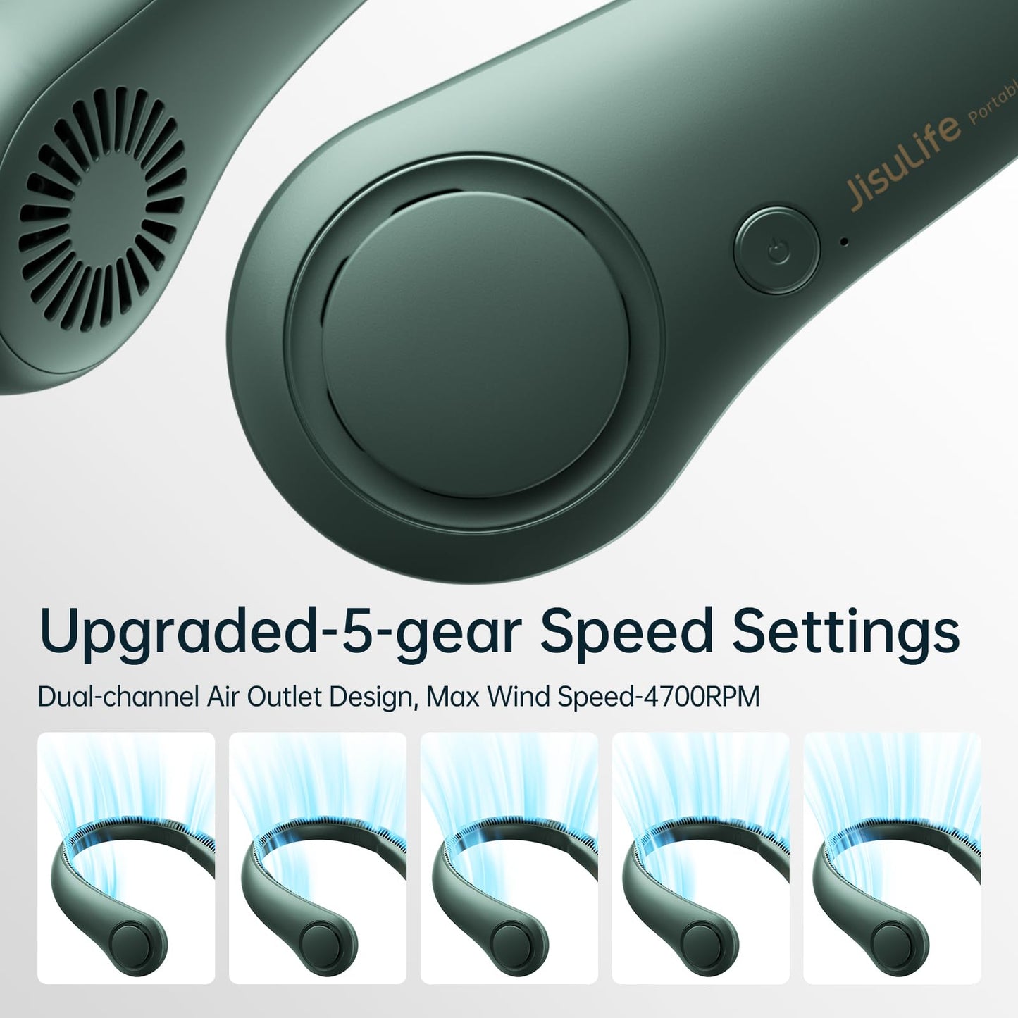 JISULIFE Portable Neck Fan, Hands Free Bladeless Fan, 5 Speeds, 4000 mAh Battery Operated Wearable Personal Fan, Twistable, Rechargeable, Gift for Women Men-Dark Green