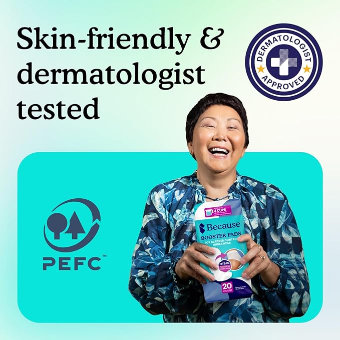 Because Premium Incontinence Booster Pads for Men and Women, Adds 4 Cups Extra Absorbency to Adult Diapers, Super Soft, Adhesive Strip Backing, Unisex, 60 Count (3 Packs of 20)