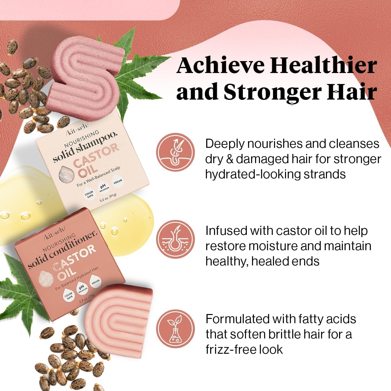 Kitsch Castor Oil Shampoo and Conditioner Set - Organic Castor Oil Hair Care for Dull & Dry Hair - Nourishing Bar Soap for Hair Growth - Free of Sulfate, Silicone, & Paraben - Made in USA - 2pcs