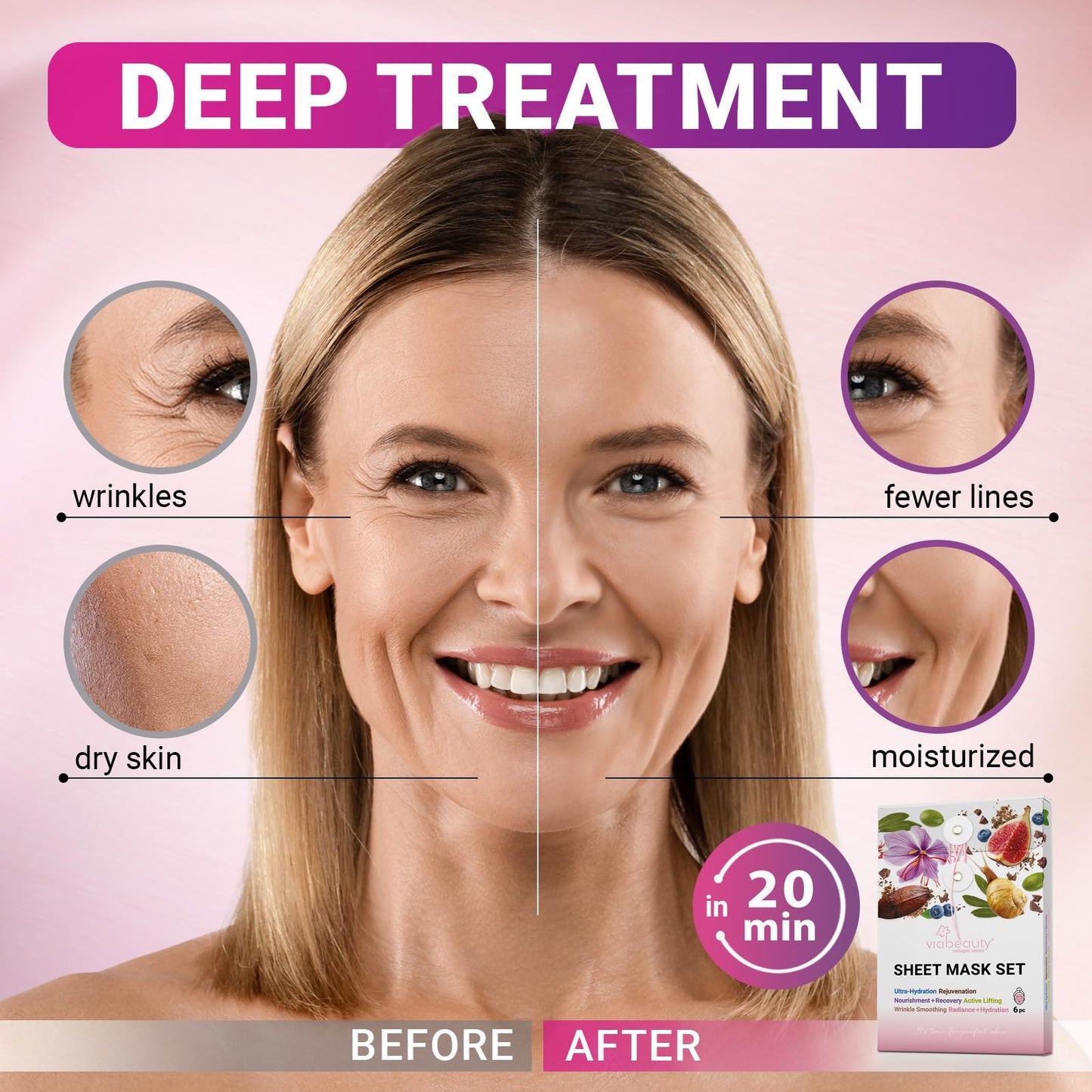 VIABEAUTY 6 Pack of Sheet Face Masks Skincare - Collagen Face Mask Sheets with Hyaluronic Acid, Vitamin C, Snail Mucin - Facial Sheet Mask for Hydrating, Moisturizing, Rejuvenating