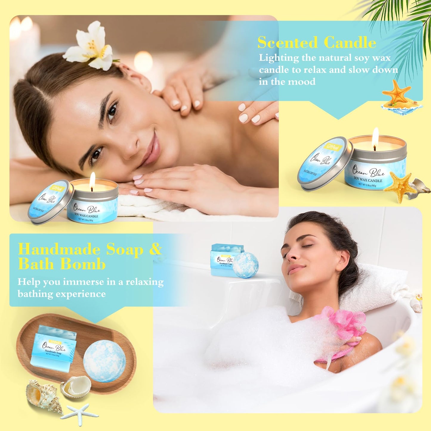 Birthday Gifts for Women, Ocean Scented Relaxing Spa Gift Baskets for Women Mom Her Wife Sister Friends Coworker Employee, Self Care Bath and Body Gift Set for Mother's Day Birthday Inspirational Gift