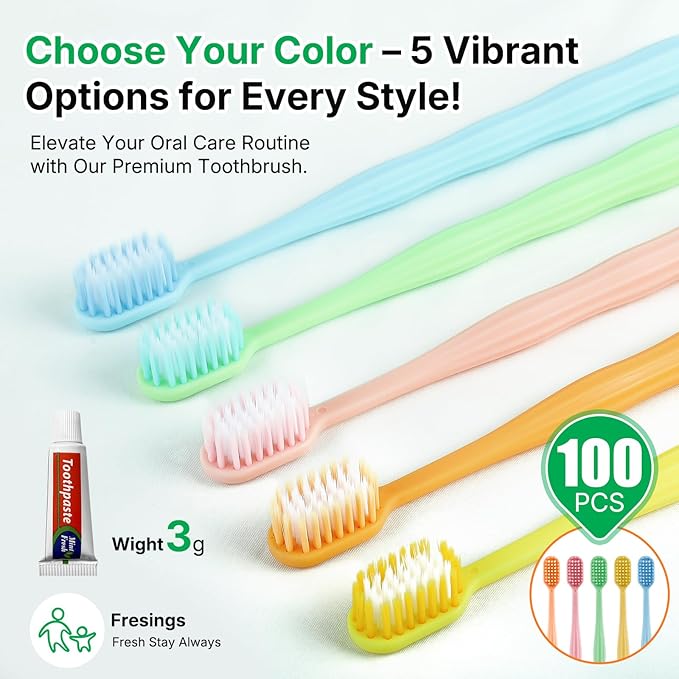 100 Pack Disposable Toothbrushes with Toothpaste, Individually Wrapped Soft Bristle Travel Toothbrush Bulk, Hotel Guest Amenities, Mint 3g Toothpaste Set for Camping, Donation & Oral Care Kit