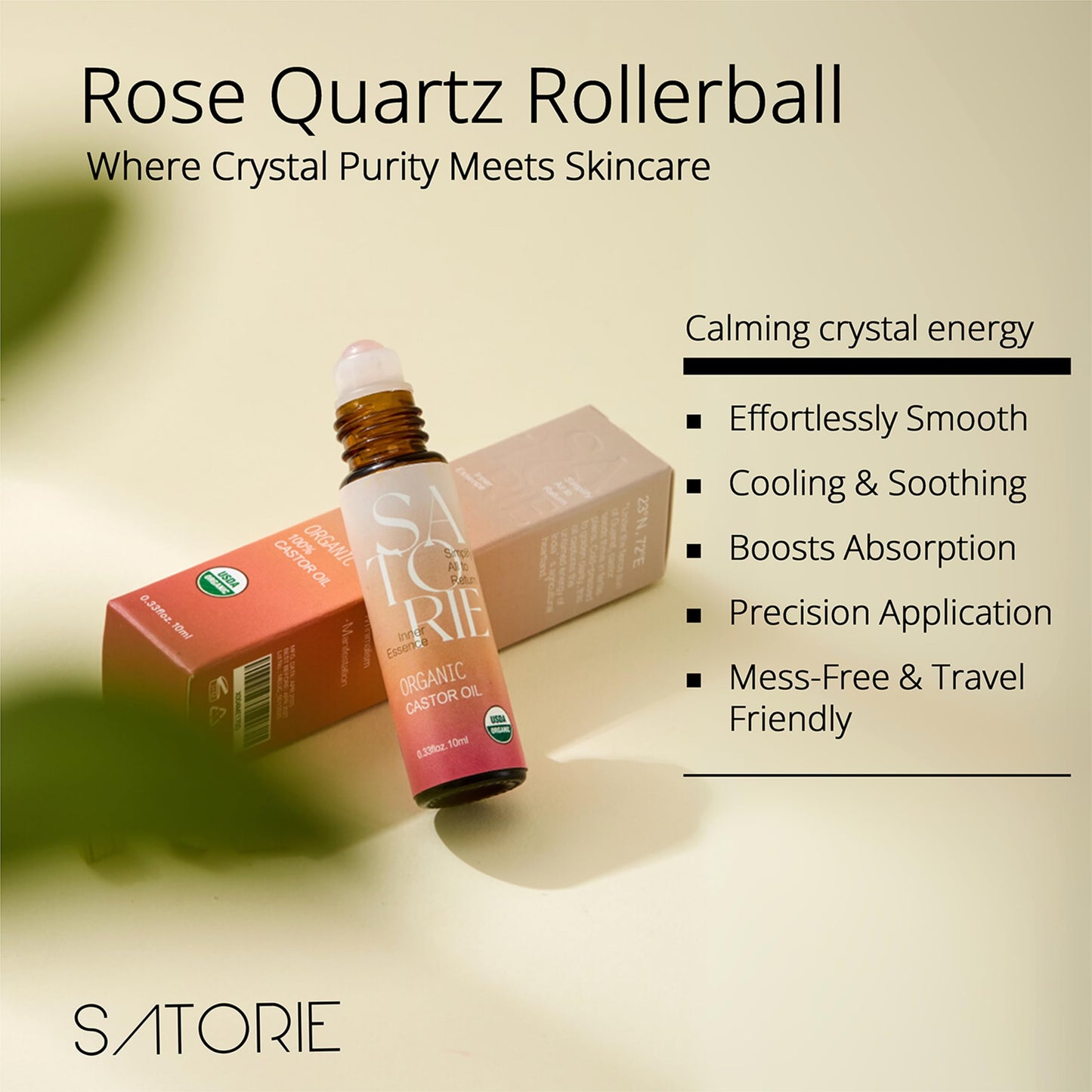 SATORIE Organic Castor Oil with Rose Quartz Rollerball - USDA Certified 100% Castor Oil Roll-on for Face, Under Eyes, Brows & Lashes; Deep Moisture, Soothing, Promotes Hair Growth