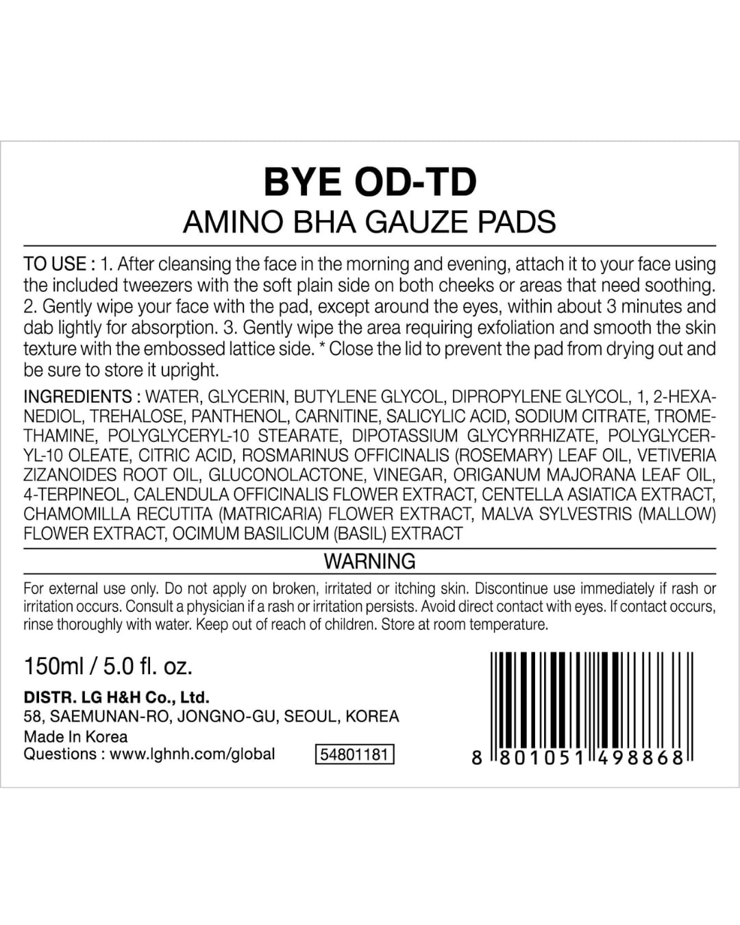 bye od-td Amino BHA Pads (80 Count) - Pre-Soaked Oil Control Cotton Pads for Gentle Exfoliation, Soothing & Hydration, Korean Skin Care. Amino Acid, Salicylic Acid, Tea Tree
